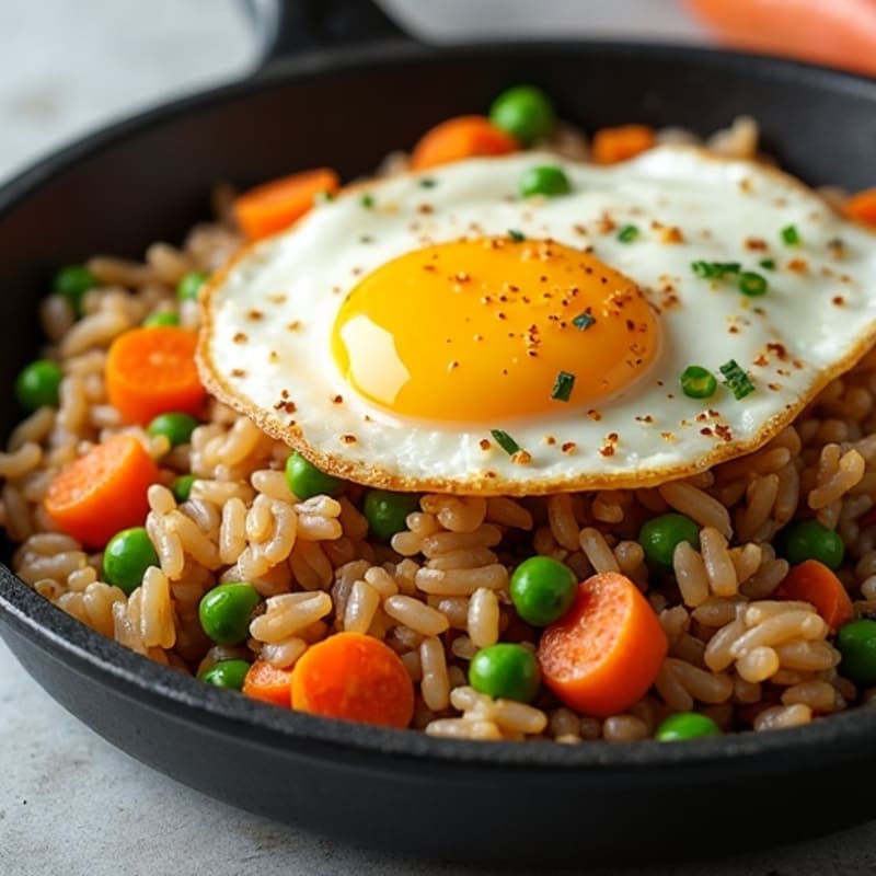 Ground Turkey and Brown Rice Skillet with Peas and Carrots, Topped with Crispy Eggs