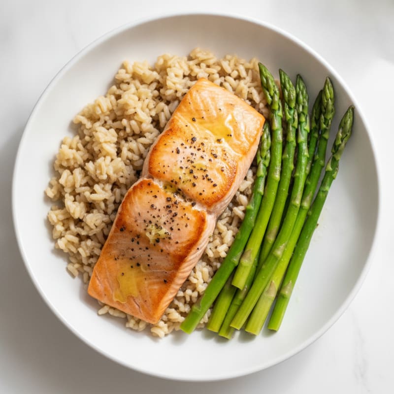 Seared Salmon with Steamed Asparagus and Brown Rice