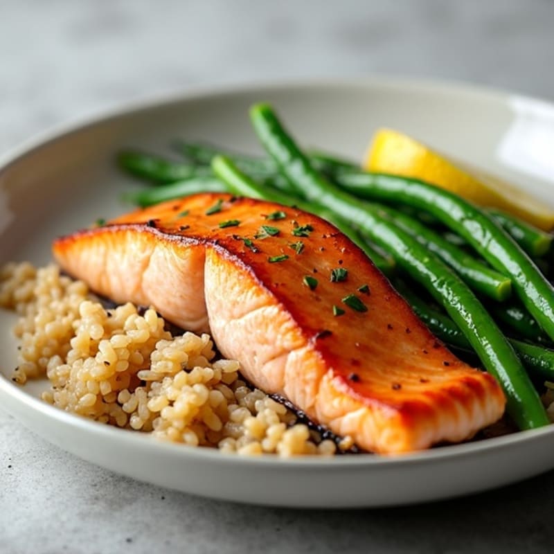Seared Salmon with Garlic Green Beans and Brown Rice