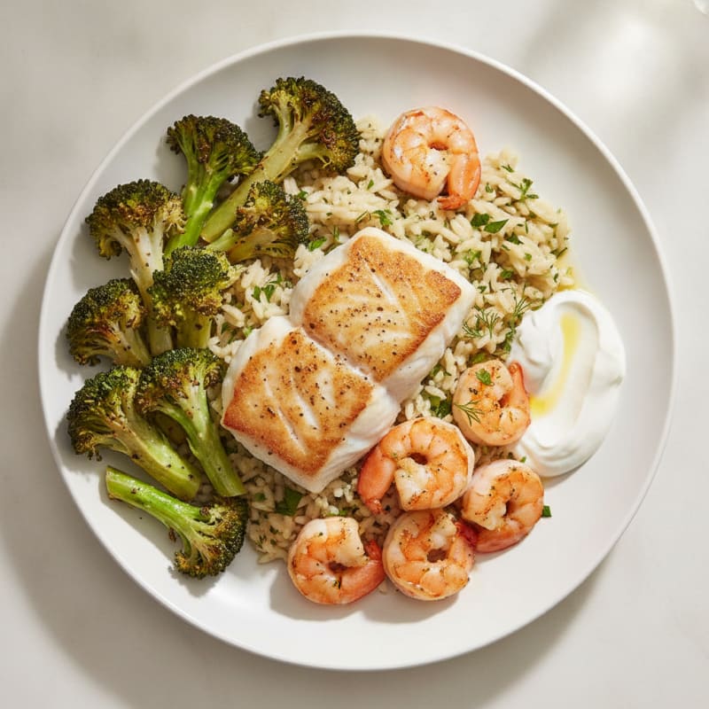 Seared White Fish with Roasted Broccoli and Herb Rice