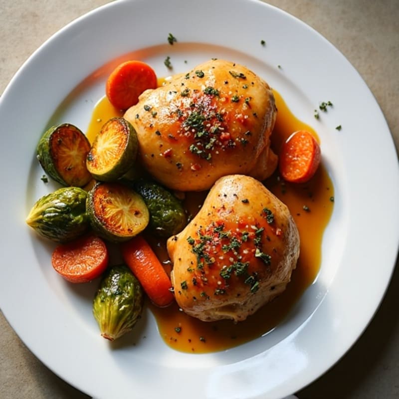Herb-Roasted Chicken Thighs with Maple-Glazed Carrots and Crispy Brussels Sprouts