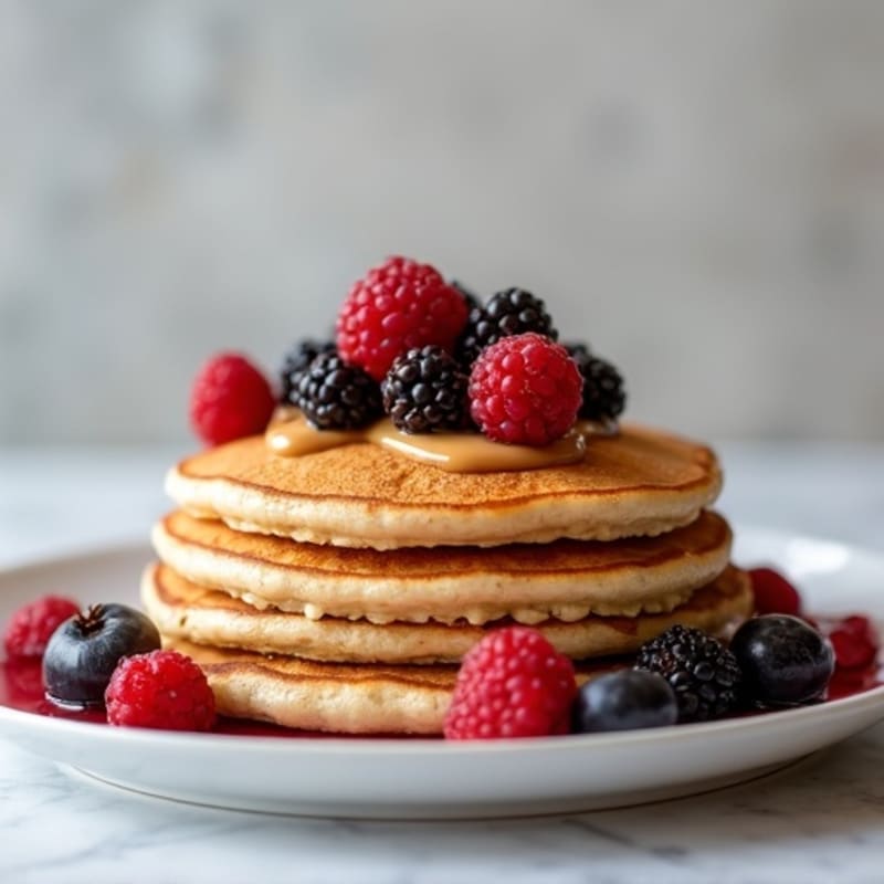 Protein Pancakes with Creamy Peanut Butter Drizzle and Warm Berry Compote