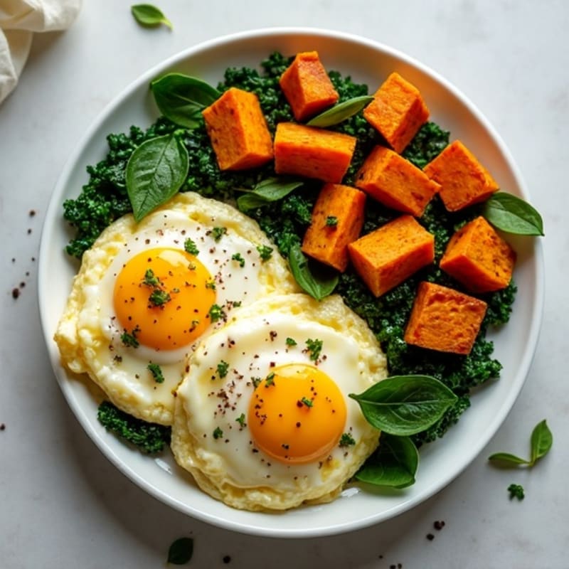 Scrambled Eggs with Fresh Spinach and Roasted Sweet Potatoes