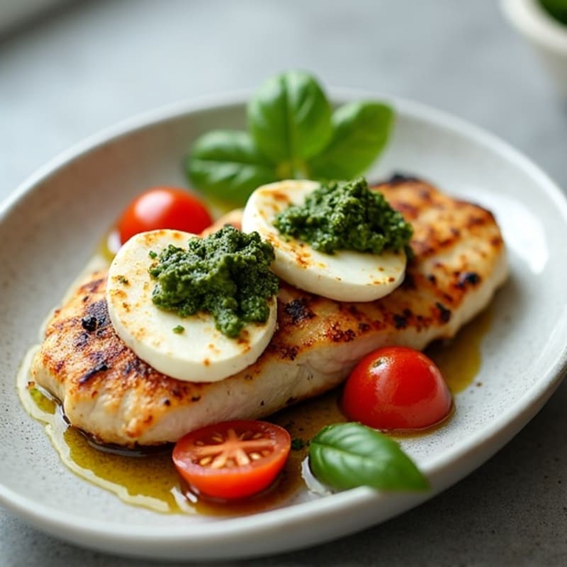 Grilled Chicken with Fresh Mozzarella, Ripe Tomatoes, and Basil Pesto