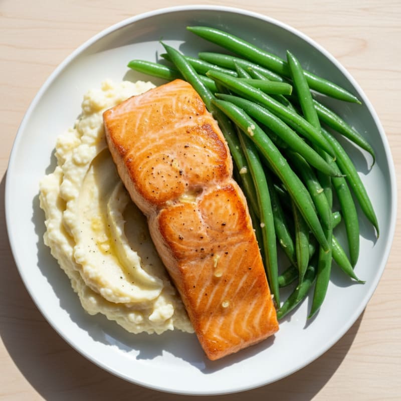 Seared Salmon with Steamed Green Beans and Garlic Mashed Cauliflower
