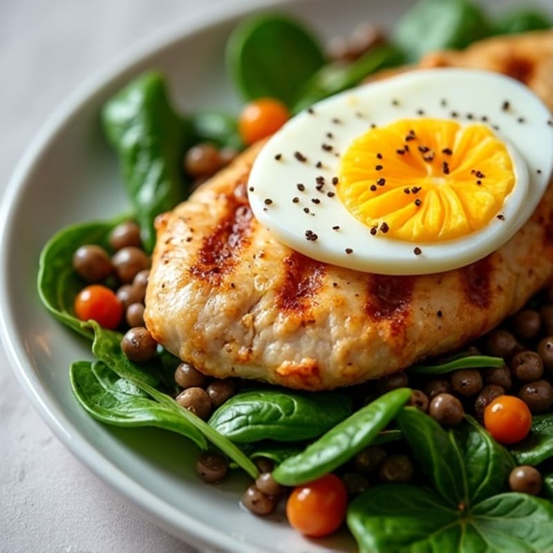 Grilled Chicken Breast with Lentil and Spinach Salad