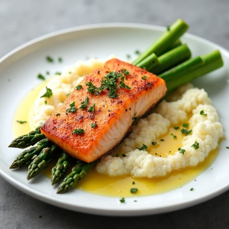 Seared Salmon with Steamed Asparagus and Garlic Cauliflower Mash
