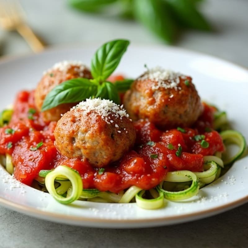 Lean Turkey Meatballs with Zucchini Noodles and Rich Tomato Sauce