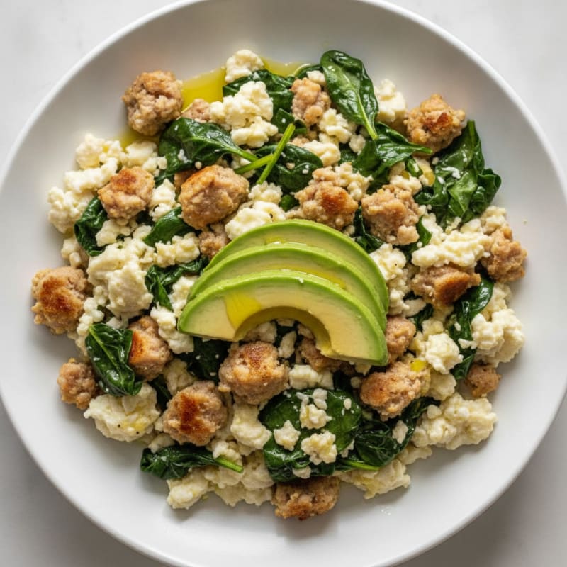 Crispy Turkey Sausage Egg White Scramble with Spinach
