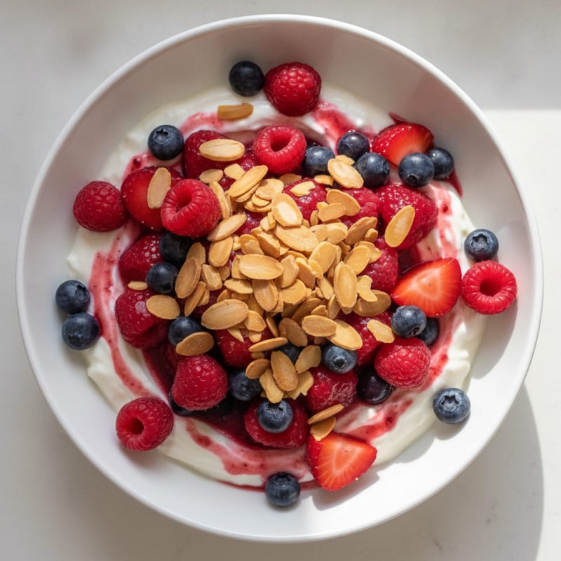Greek Yogurt Protein Parfait with Mixed Berries and Almonds
