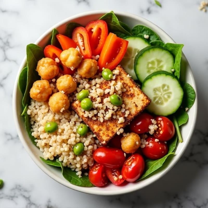 Crispy Chickpea and Fresh Vegetable Power Bowl with Creamy Tahini Dressing