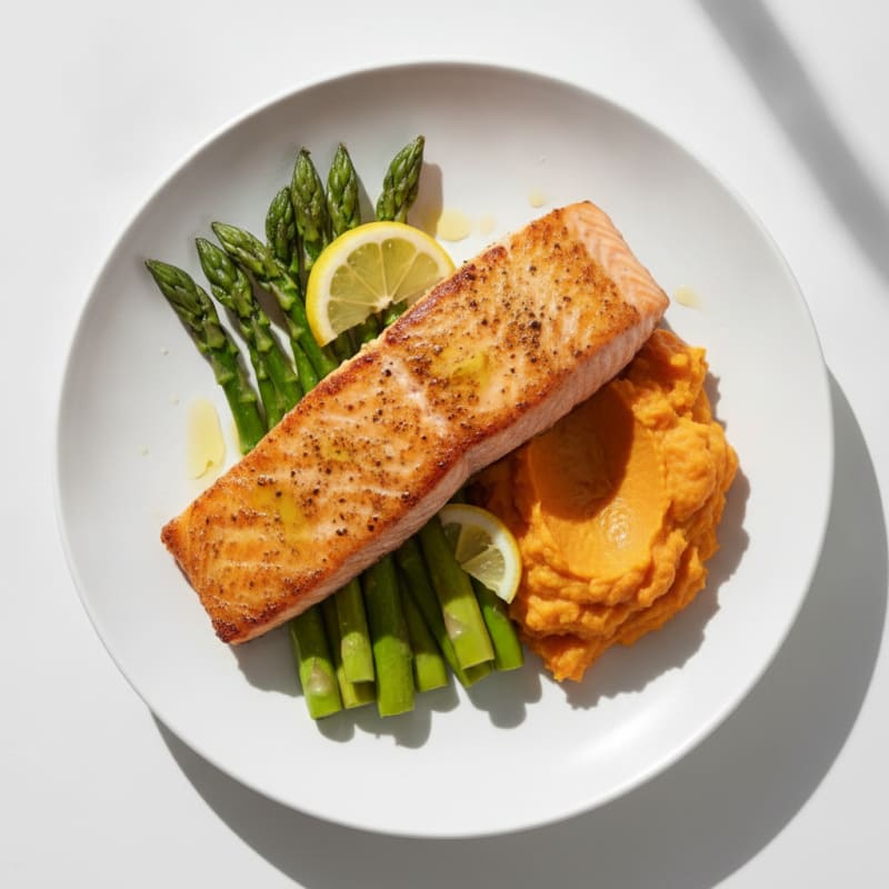 Seared Salmon with Steamed Asparagus and Sweet Potato Mash