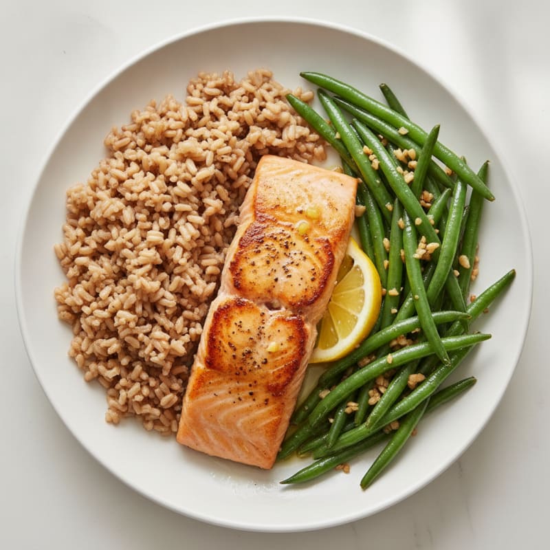 Seared Salmon with Garlic Green Beans and Brown Rice