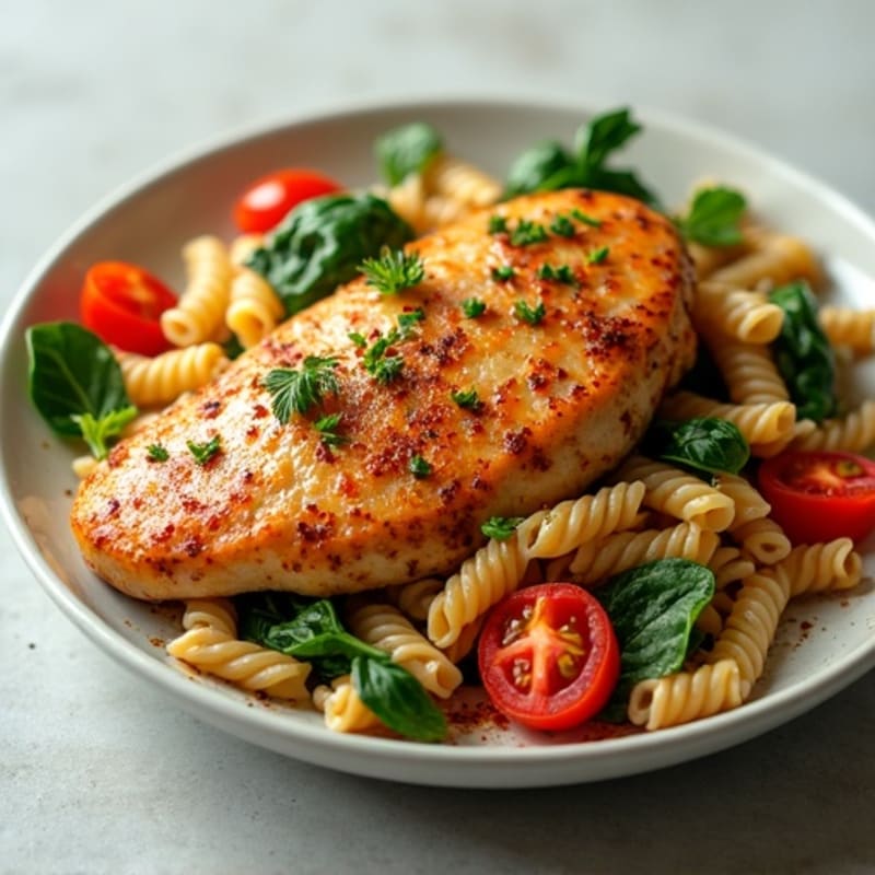 Spicy Pan-Seared Chicken with Herb Pasta and Crisp Vegetables