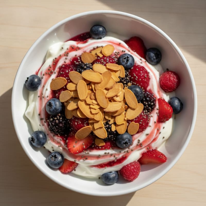 Greek Yogurt Protein Parfait with Mixed Berries and Almonds