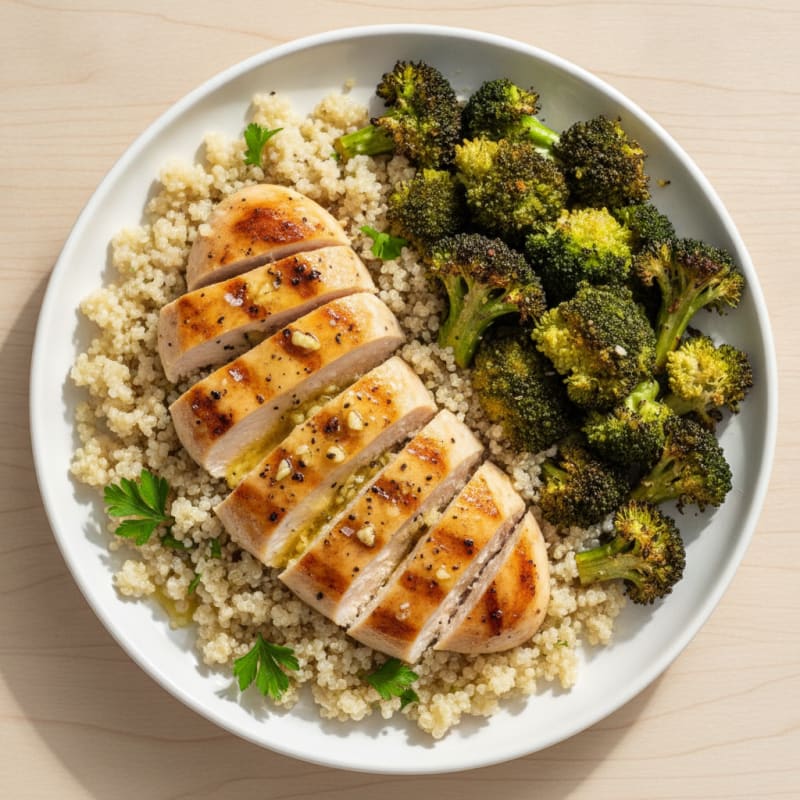 Grilled Lemon-Garlic Chicken Breast with Quinoa and Roasted Broccoli