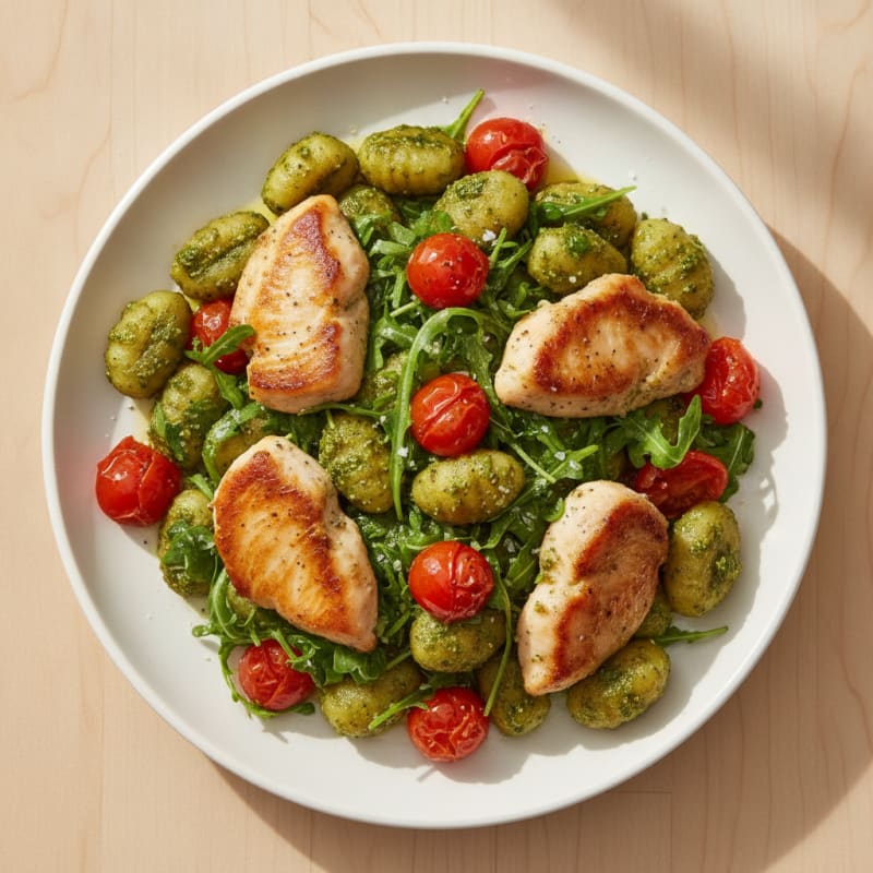 Gnocchi with Arugula Pesto and Cherry Tomatoes