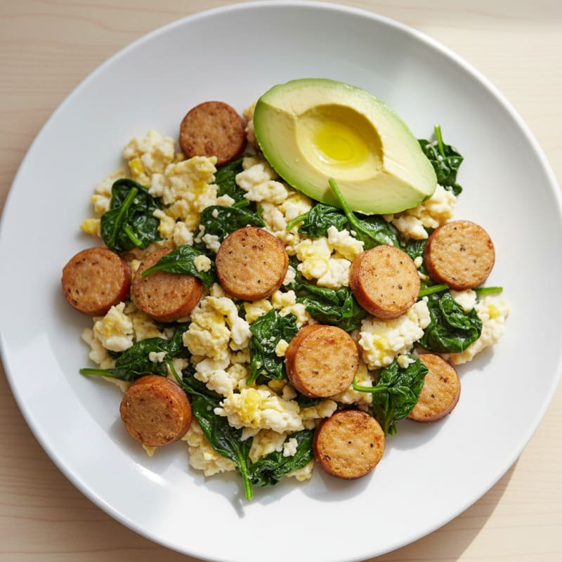 Egg White and Chicken Sausage Scramble with Spinach