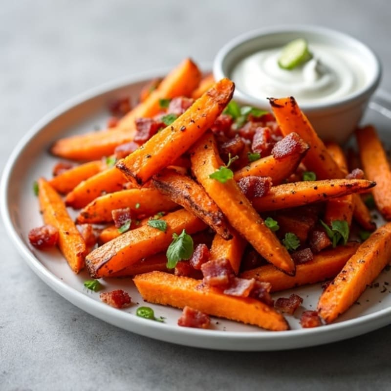Roasted Sweet Potato Fries with Crispy Bacon Bits & Protein Yogurt Dip