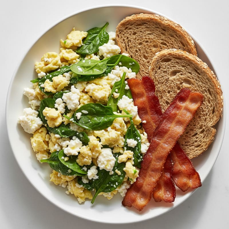 Cottage Cheese Scramble with Spinach and Turkey Bacon