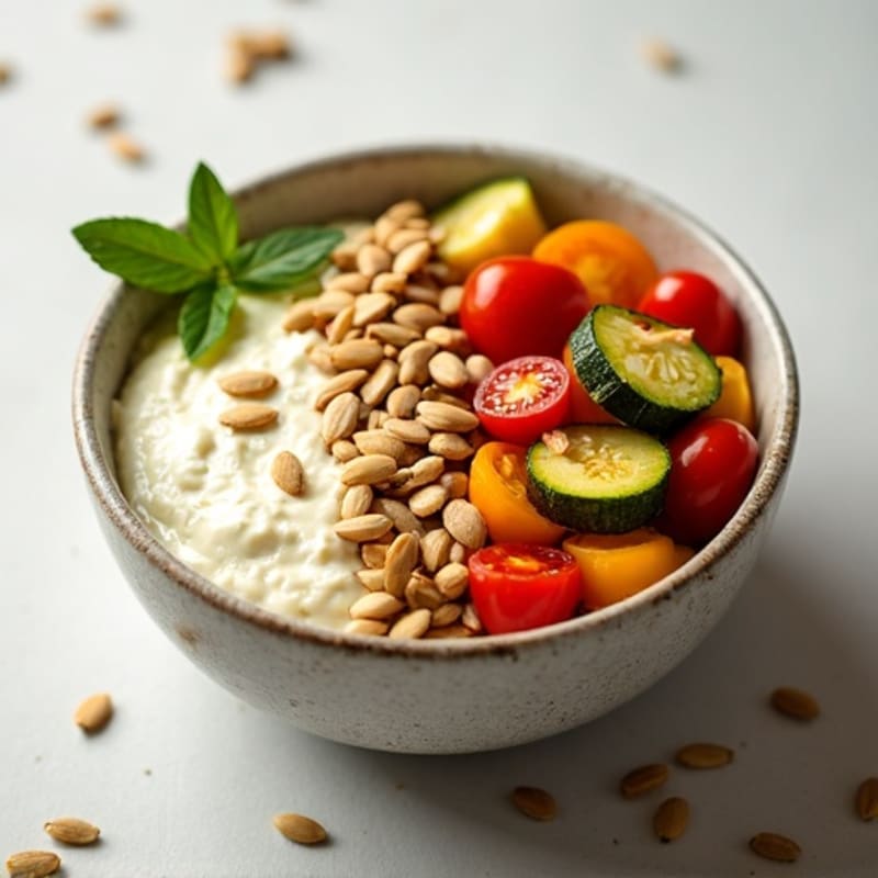 Creamy Cottage Cheese Bowl with Roasted Vegetables and Toasted Pumpkin Seeds