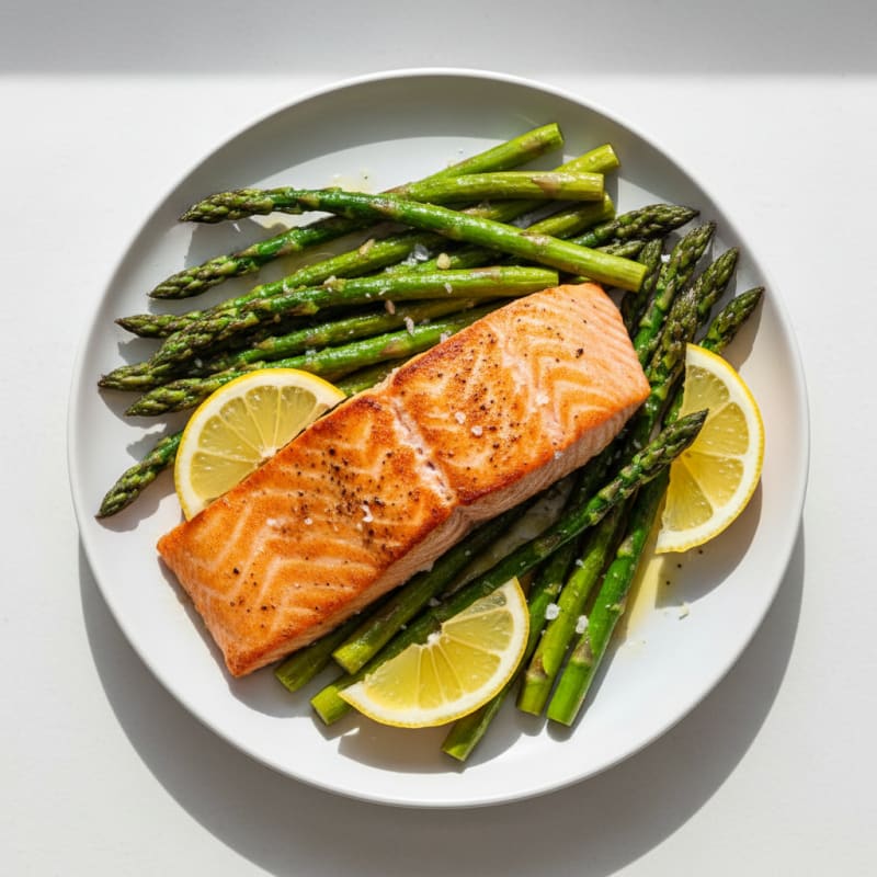 Seared Salmon Fillet with Roasted Asparagus and Lemon