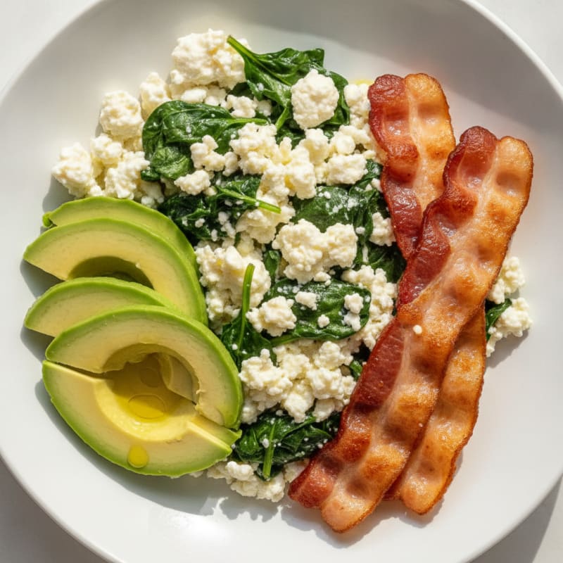 Egg White and Cottage Cheese Scramble with Spinach and Turkey Bacon