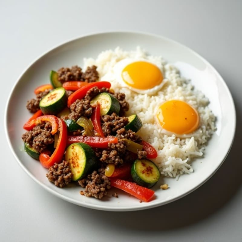 Ground Beef and Vegetable Stir-Fry with Steamed Rice