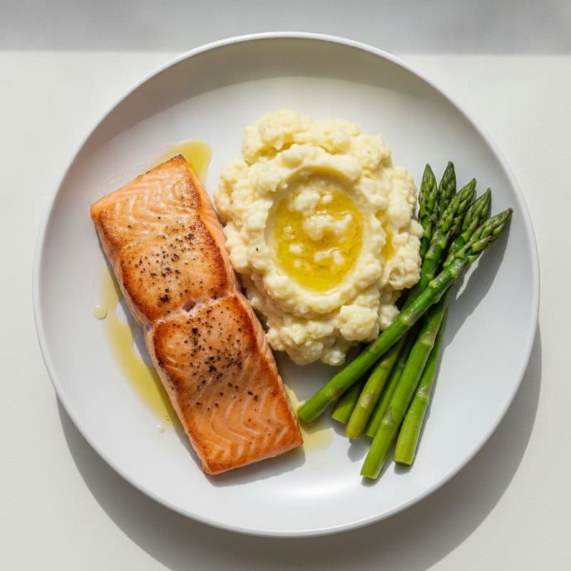 Seared Salmon with Steamed Asparagus and Garlic Mashed Cauliflower