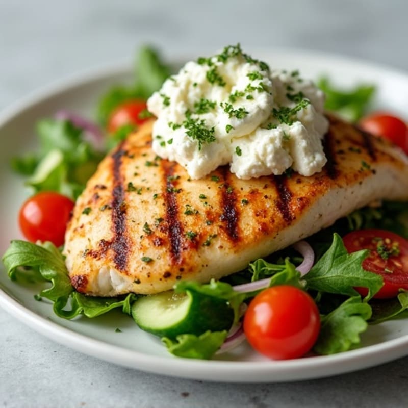 Grilled Lemon-Herb Chicken with Fresh Crispy Vegetable Salad and Creamy Feta
