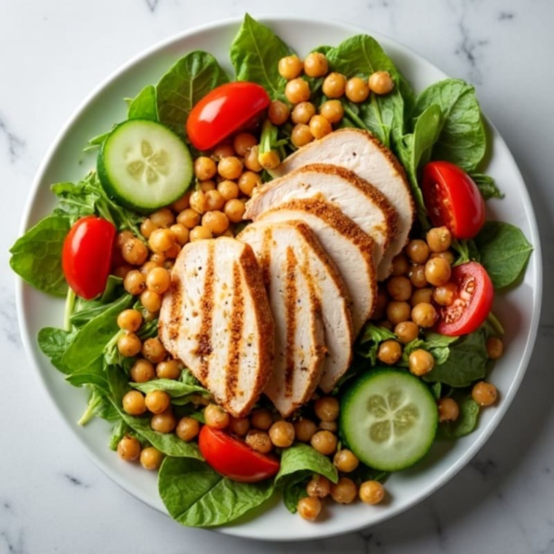 Grilled Turkey Breast Salad with Crunchy Chickpeas and Mixed Greens
