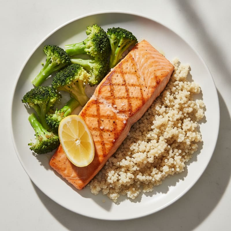Seared Salmon with Steamed Broccoli and Quinoa