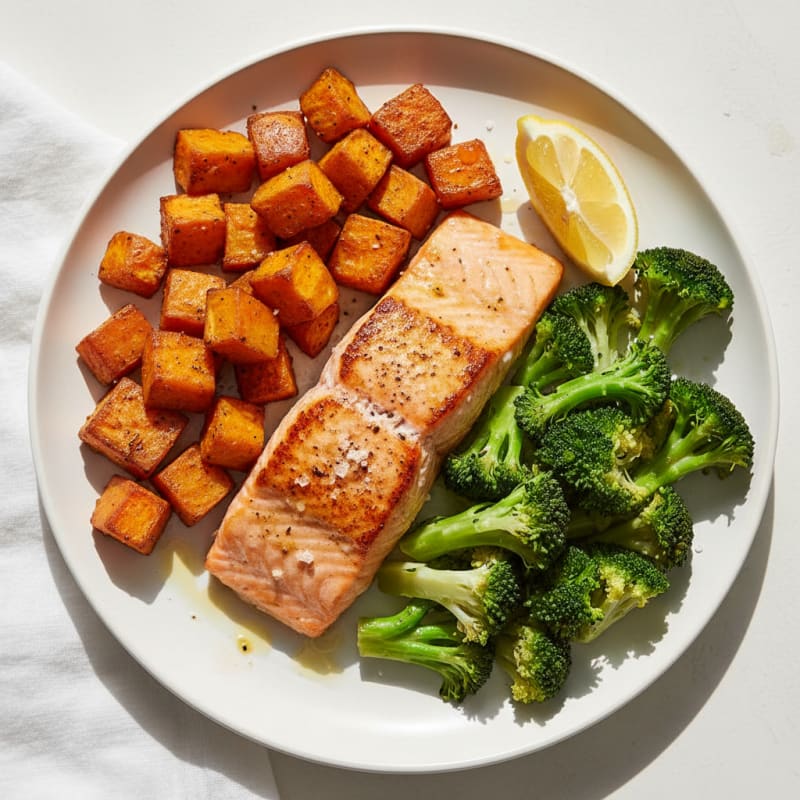 Seared Salmon Fillet with Roasted Sweet Potato and Steamed Broccoli