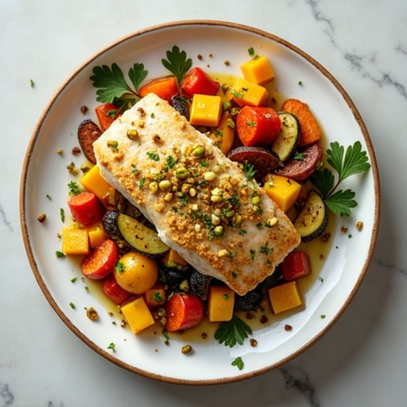 Flaky Baked Cod with Crunchy Lemon-Herb Pistachio Crumble and Roasted Root Vegetables