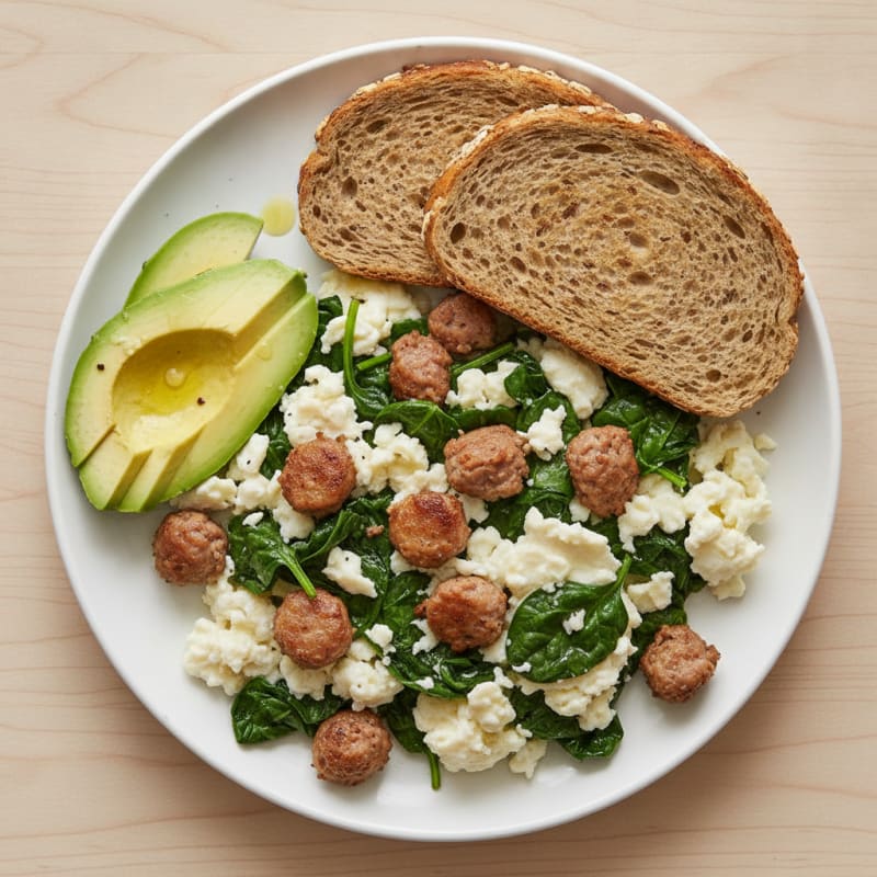 Egg White Scramble with Turkey Sausage and Sautéed Spinach