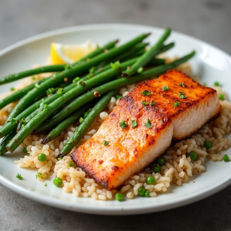 Seared Salmon with Garlic Green Beans and Brown Rice