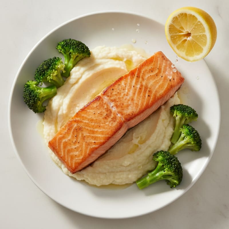 Seared Salmon Fillet with Steamed Broccoli and Cauliflower Mash