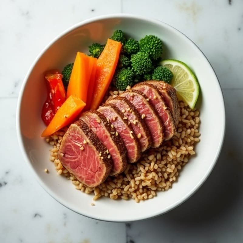 Marinated Tuna with Soy-Sesame Brown Rice and Crisp Vegetables