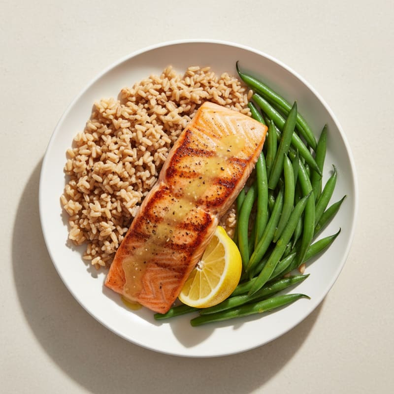 Seared Salmon with Steamed Green Beans and Brown Rice