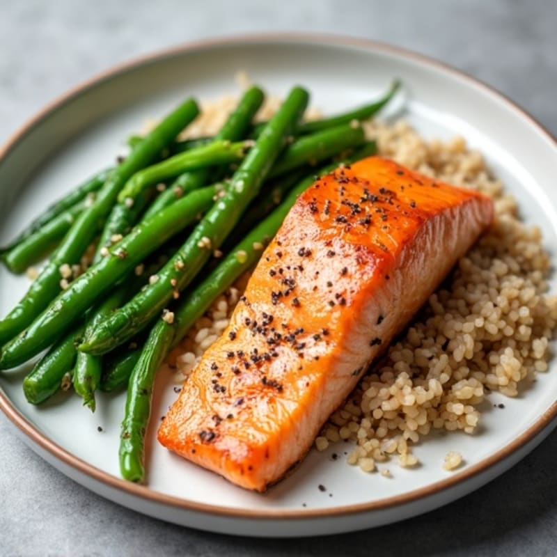 Seared Salmon Fillet with Garlic Green Beans and Brown Rice