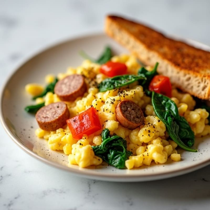 Egg White and Turkey Sausage Scramble with Baby Spinach
