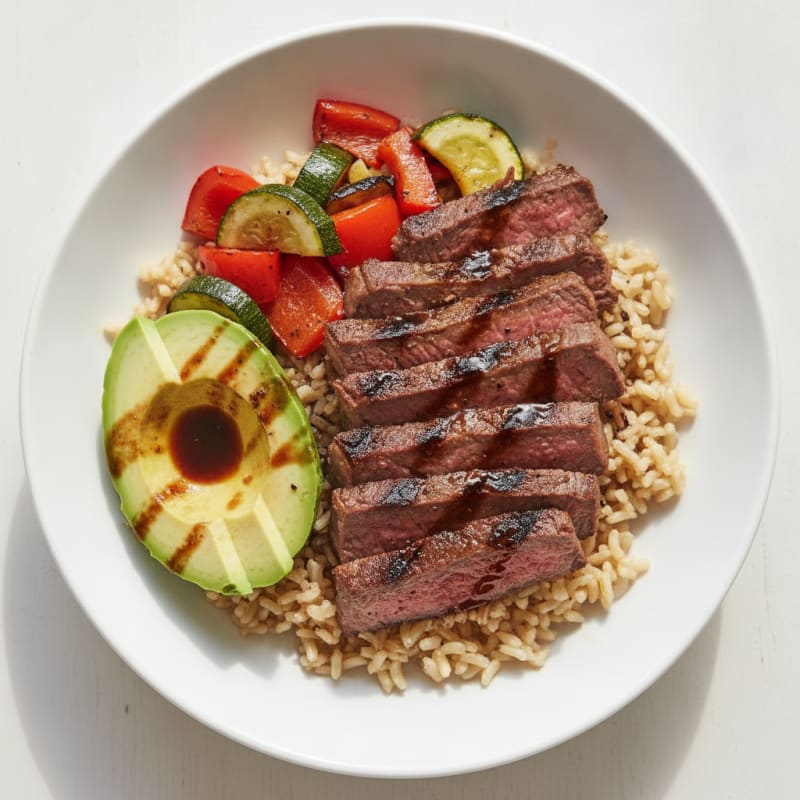 Grilled Beef and Veggie Rice Bowl with Avocado
