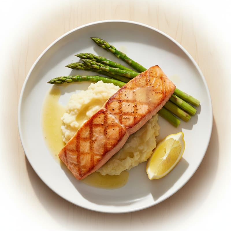 Seared Salmon Fillet with Steamed Asparagus and Garlic Mashed Cauliflower