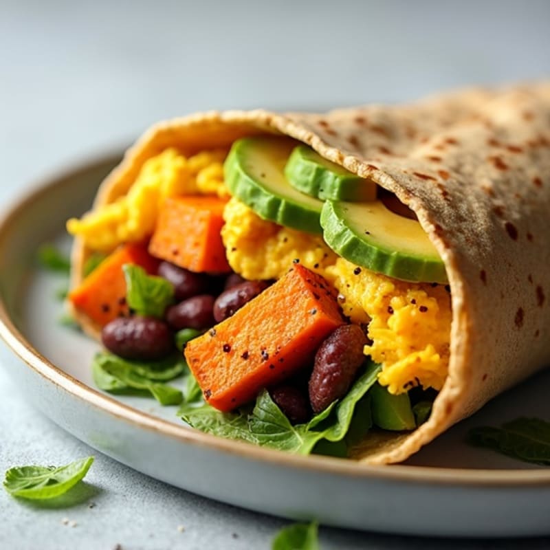 Protein-Packed Breakfast Wrap with Fluffy Scrambled Eggs, Lean Turkey Sausage, Black Beans, Roasted Sweet Potatoes, and Creamy Avocado