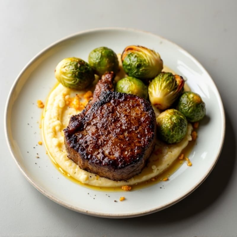 Pan-Seared Ribeye with Crispy Brussels Sprouts and Creamy Cauliflower Mash