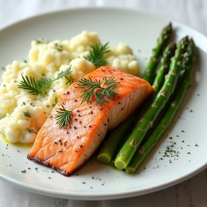 Seared Salmon with Steamed Asparagus and Herb-Cauliflower Mash