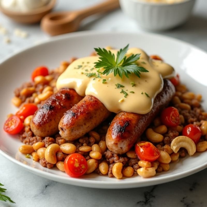 Lean Chicken Sausage with Hearty Beef Chili and Creamy Cashew Cheese Sauce