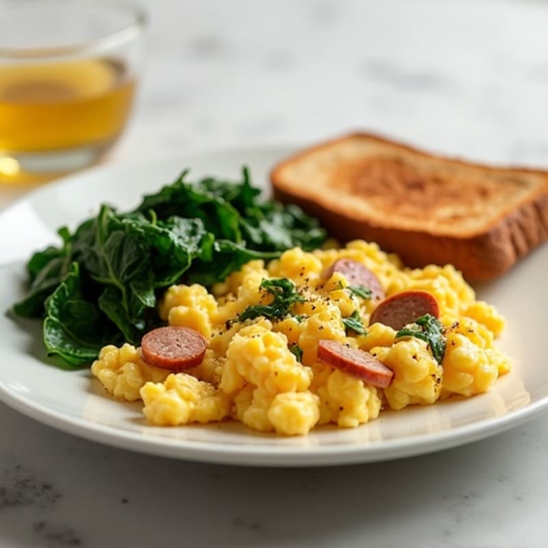 Egg White and Turkey Sausage Scramble with Sautéed Spinach