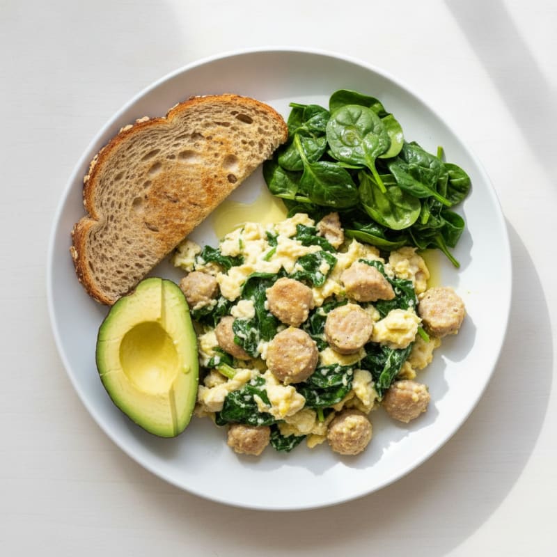 Egg White and Chicken Sausage Scramble with Sautéed Spinach