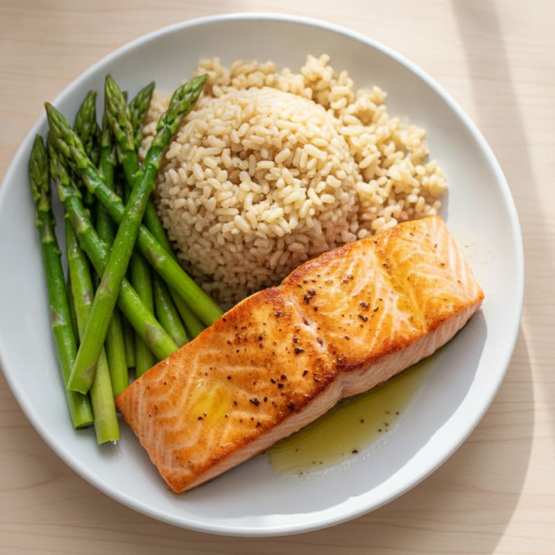 Seared Salmon with Steamed Asparagus and Brown Rice